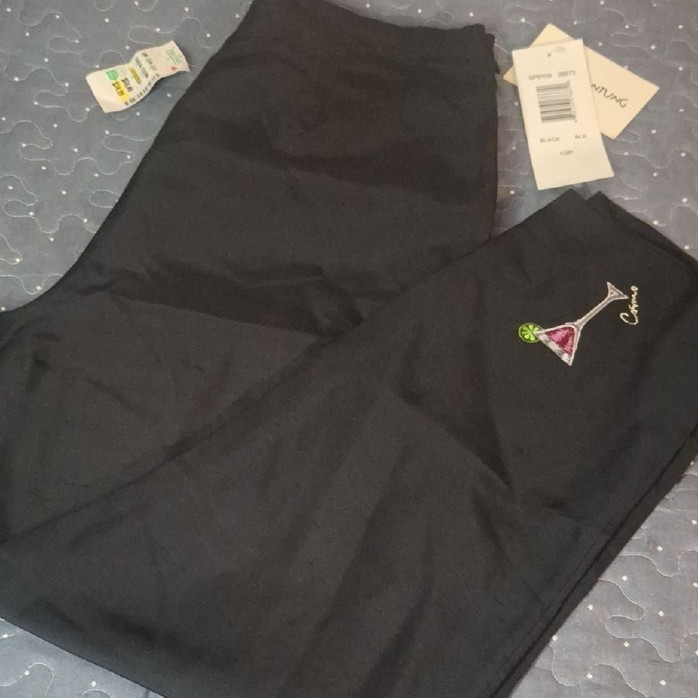 S. L. B. 100% Silk Black Capri Pant with Martini Embroidery size 10
